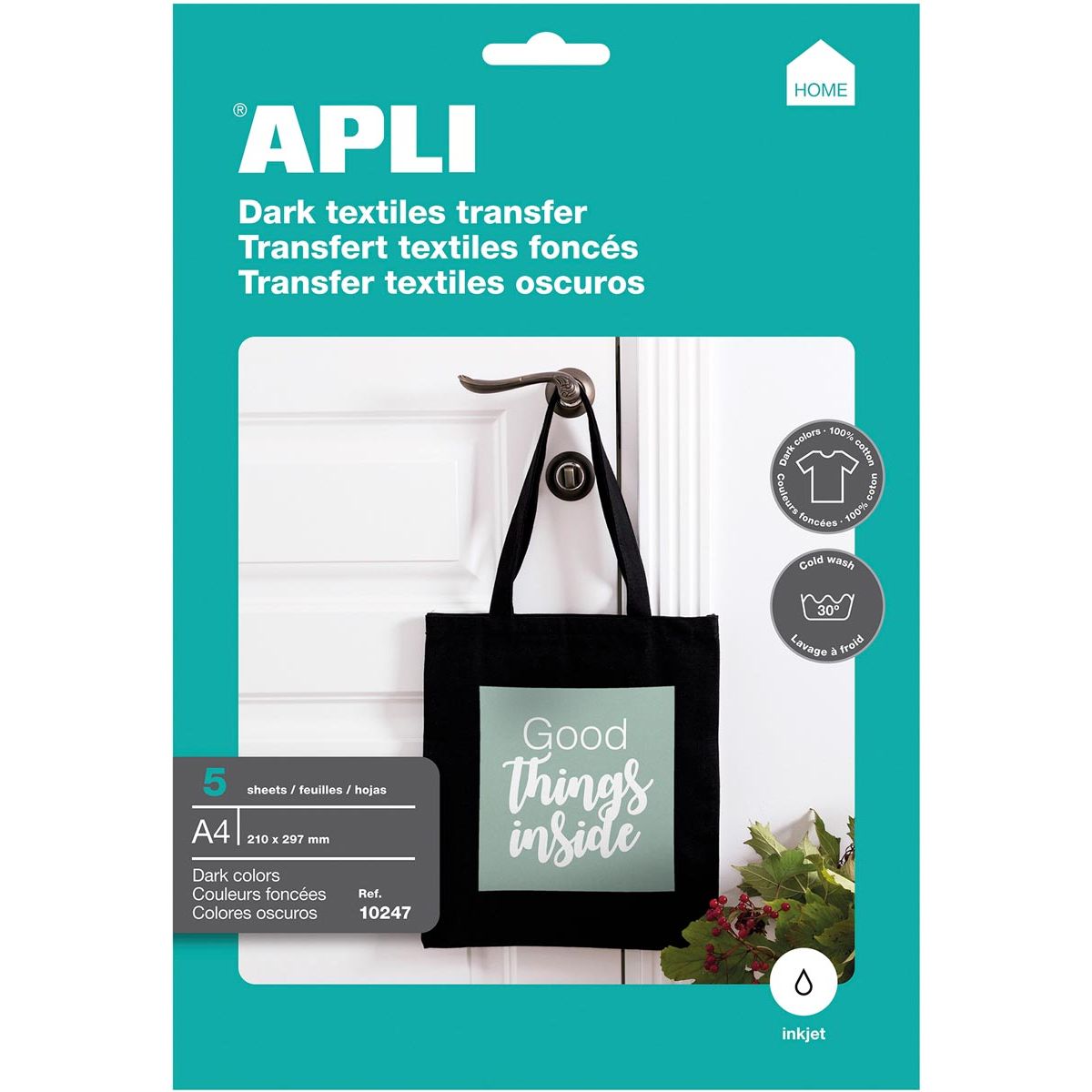 Apli - T-Shirt-Transferpapier für dunkle oder schwarze Textilien, Packung mit 5 Blatt