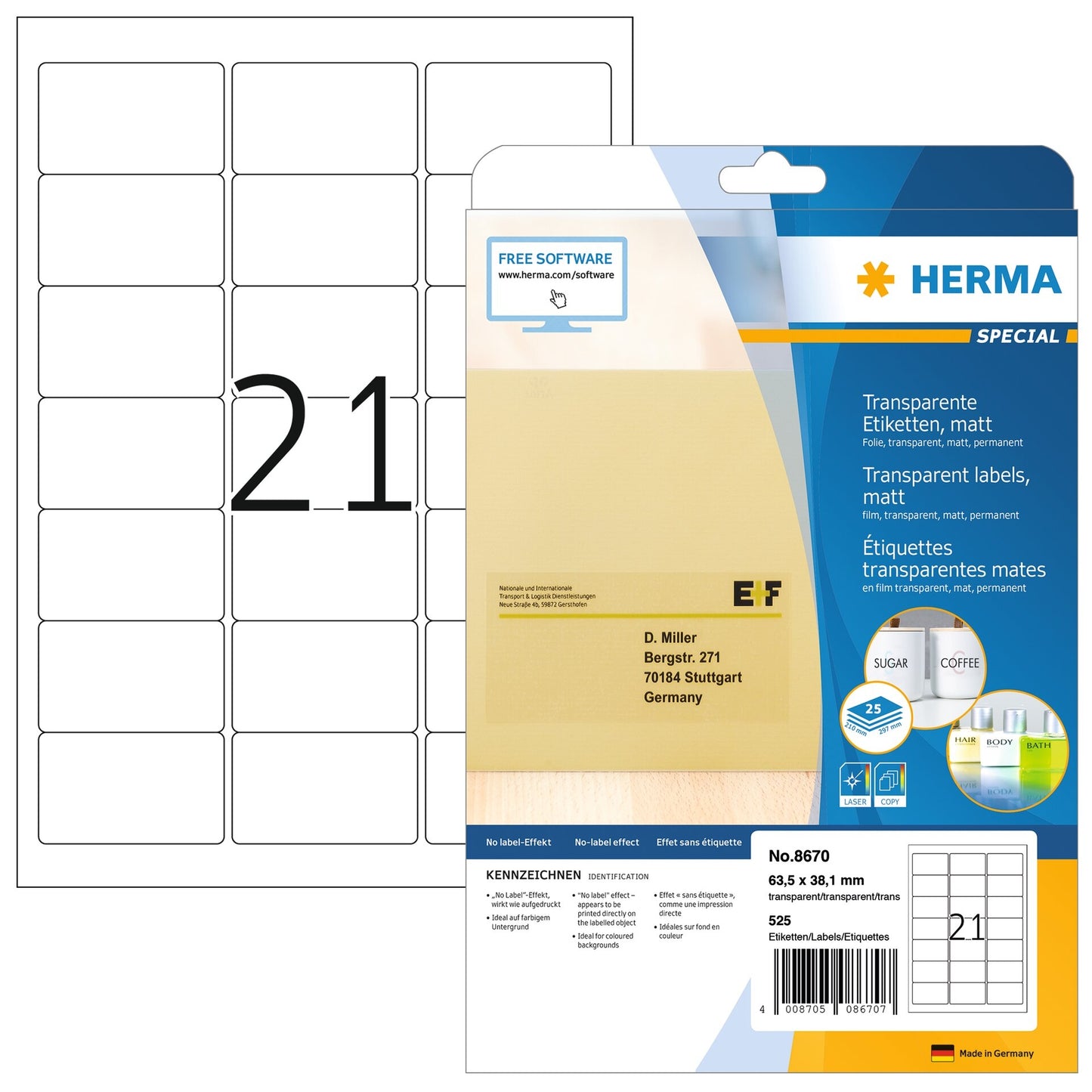 HERMA - Etikett 8670 A4 63,5x38,1mm Folie transparent matt 525St