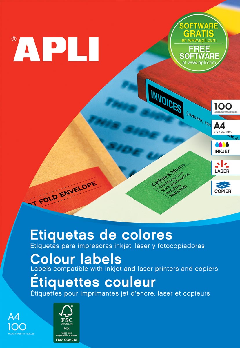 Apli – Farbige Etiketten ft 105 x 37 mm (B x H), rot, 1.600 Stück, 16 pro Blatt, Karton mit 100 Blatt
