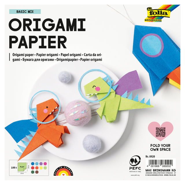Folia – Origami-Papier 70 g, 20 x 20 cm, 100 Blatt, verschiedene Farben