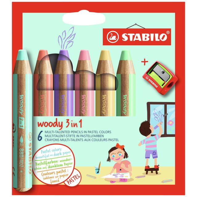 STABILO - Buntstifte 880 Woody inklusive Anspitzer Pastell sortiert, 6er-Packung