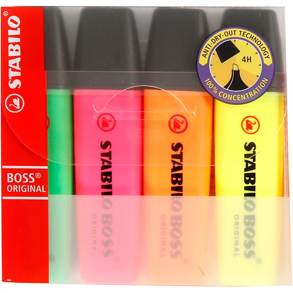STABILO - BOSS ORIGINAL Textmarker, Karton mit 4 Stück in verschiedenen Farben