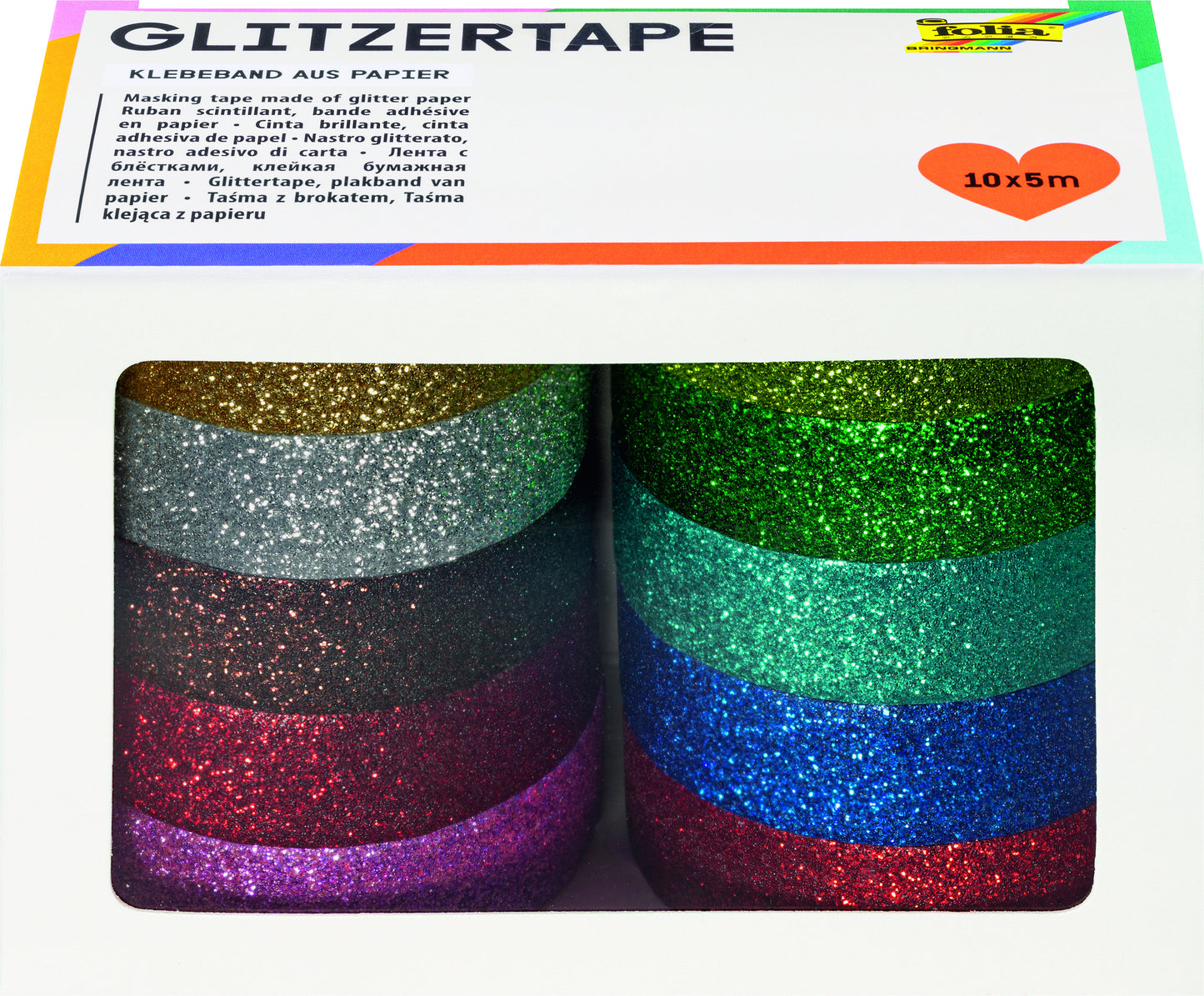 Folia Paper - Klebeband Folia Glitzer 5mx15mm 10 Stück 10 Farben