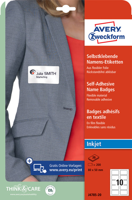 Avery Zweckform - Namensschild-Etikett Zweckform J4785-20 80x50mm weiß 200 Etiketten