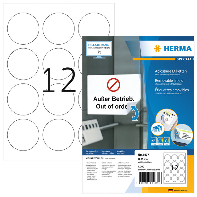 HERMA – Etikett 4477, 60 mm, ablösbar, weiß, 1200 Etiketten