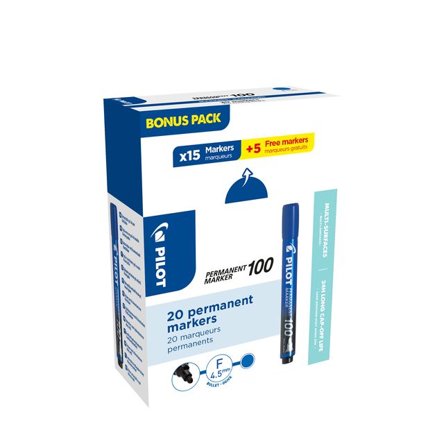 Pilot - Filzstift 100 rund, fein, blau, 15er Box + 5 gratis