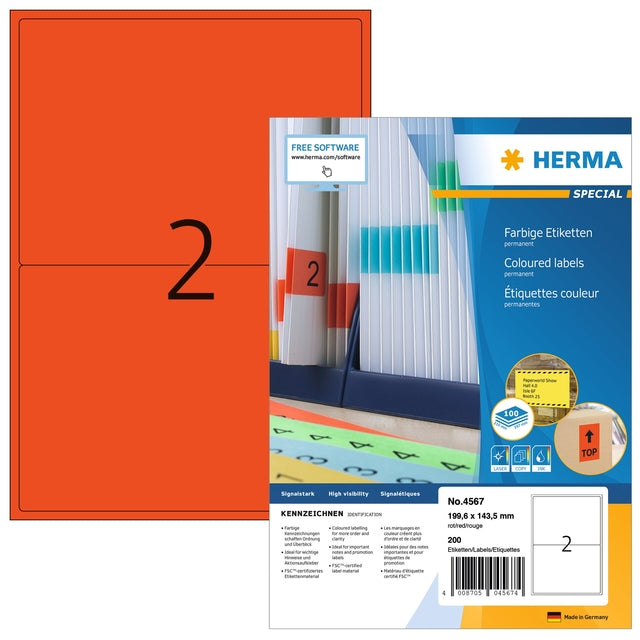 HERMA - Etikett 4567 199,5x143,5mm rot 200 Etiketten