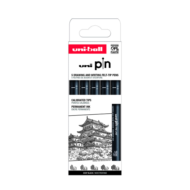 Uni-Ball - Fineliner Pin ASP008 Set mit 5 Breiten schwarz