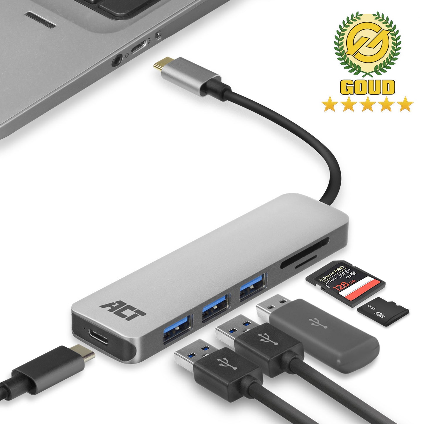 ACT - Hub USB-C 3.0, 3x USB-A Kartenleser PD p-through