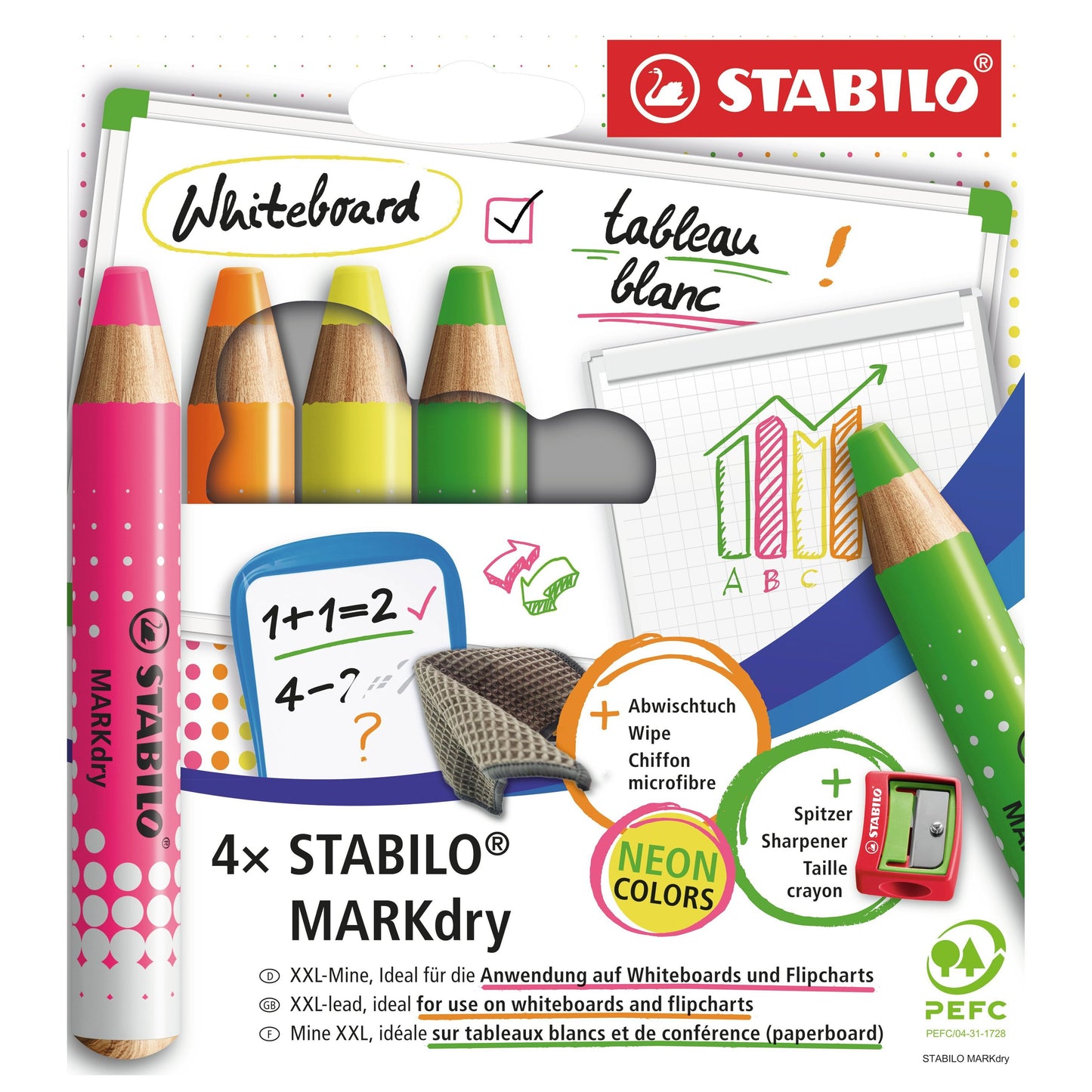 Stabilo - Whiteboardpotlood markdry 4st neon kleuren | 10 stuks