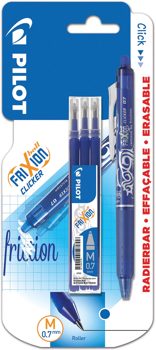 Pilot - Gelroller Frixion Ball Clicker, Blister mit 4 Stück (1 Gelroller + 3 Nachfüllungen), blau