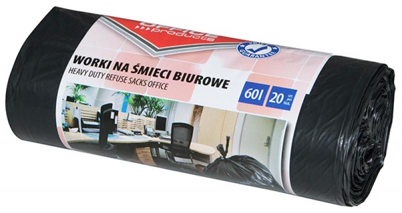 OFFICE products - vuilniszak, LDPE, 22 micron, 60 liter, zwart, rol van 20 stuks