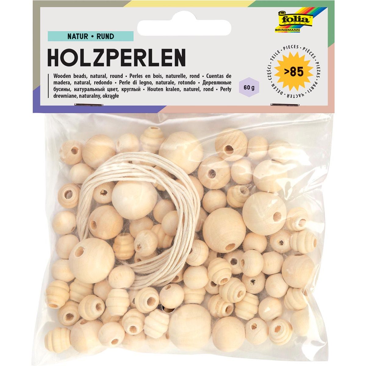 Folia - Holzperlen, natur, Blister mit 84 Stück in verschiedenen Größen