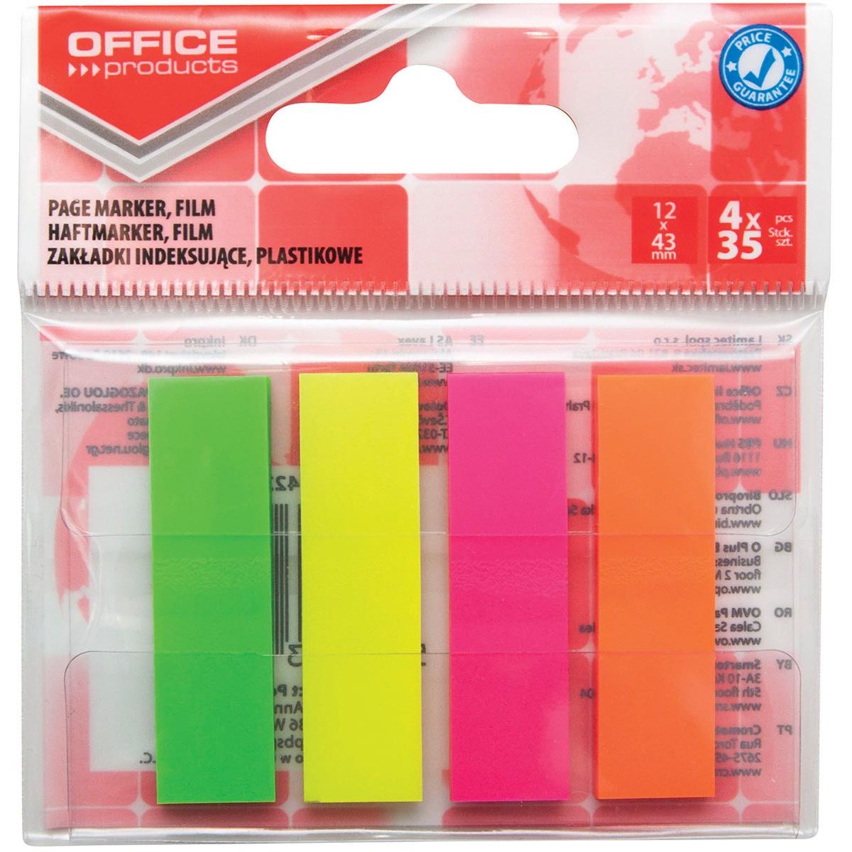 OFFICE products - index, 12 x 43 mm, geassorteerde neonkleuren, ophangzakje van 4 x 35 tabs