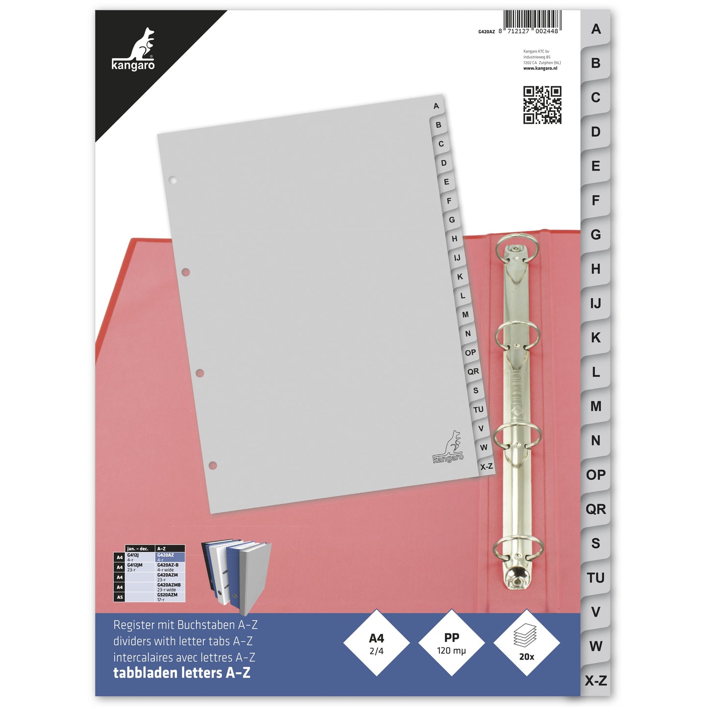 Kangaro - Tabs 4-Loch G420AZ 20-teilig Alphabet grau PP | 25 Stück