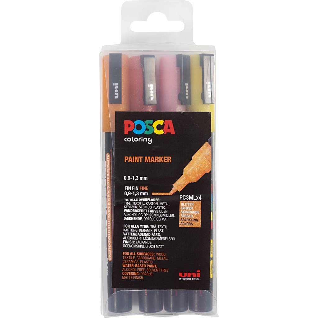 Posca - Paintmarker Uni PC feiner Glitzer warm sortiertes Set mit 4 Stück