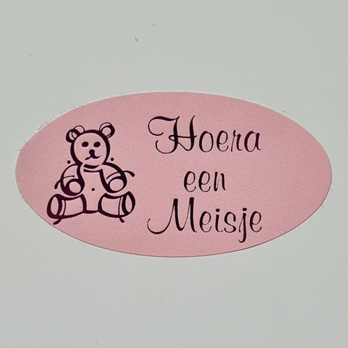 Klika - Etiket Hoera een meisje roze/magen ovaal