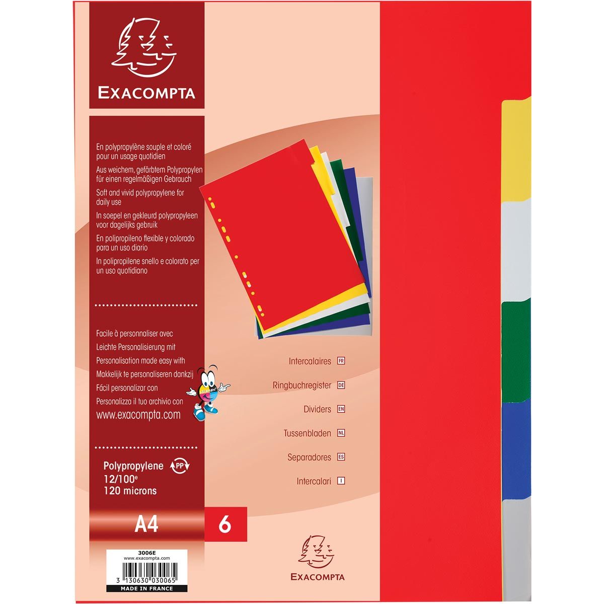 Exacompta - Registerblätter für ft A4, aus PP 12/100e, 6 Registerblätter, farblich sortiert