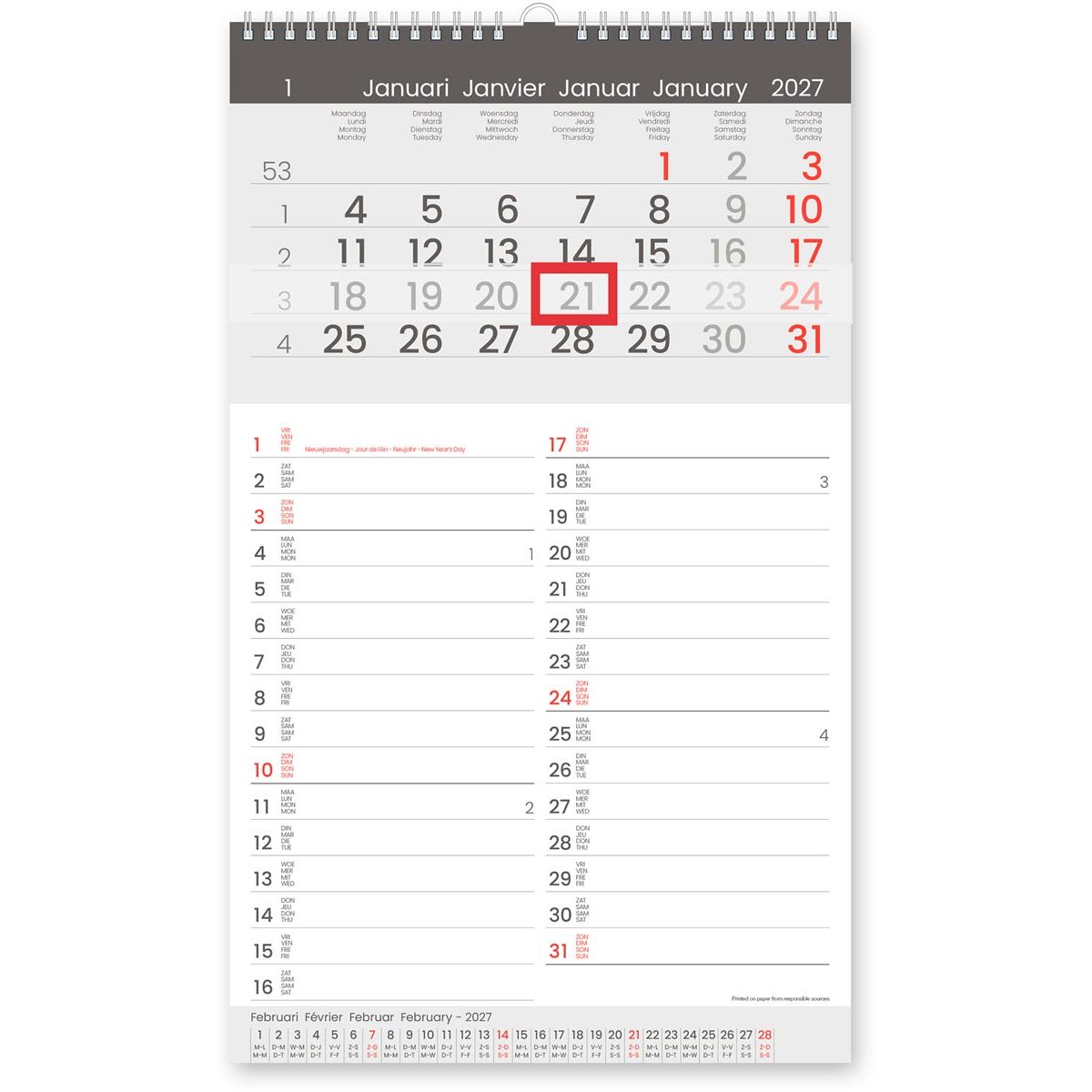 Weiße Box - Monatskalender Memo-Manager, viersprachig, 2026