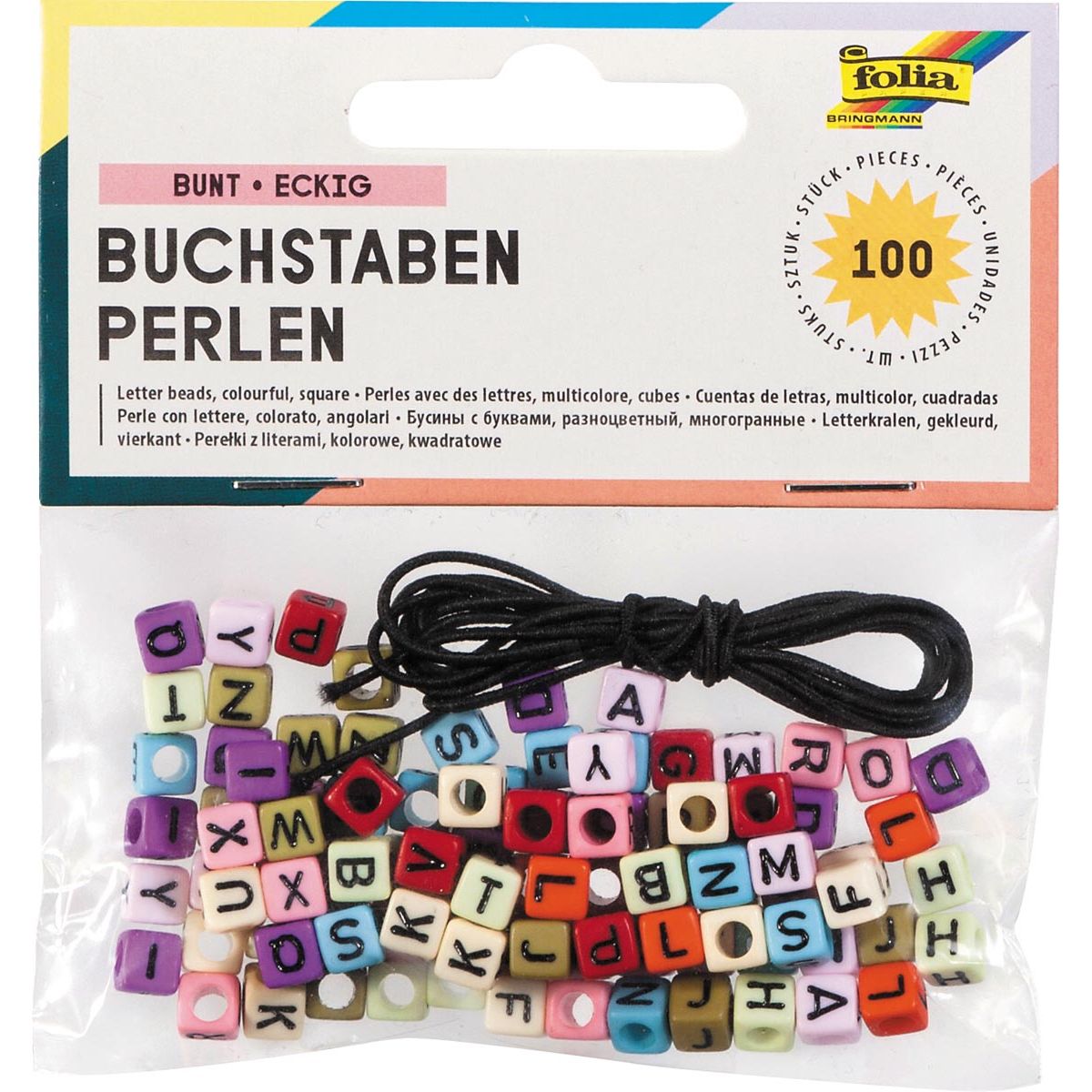 Folia - Buchstabenperlen inklusive 1 Meter elastischem Faden, 100 Stück, verschiedene Farben