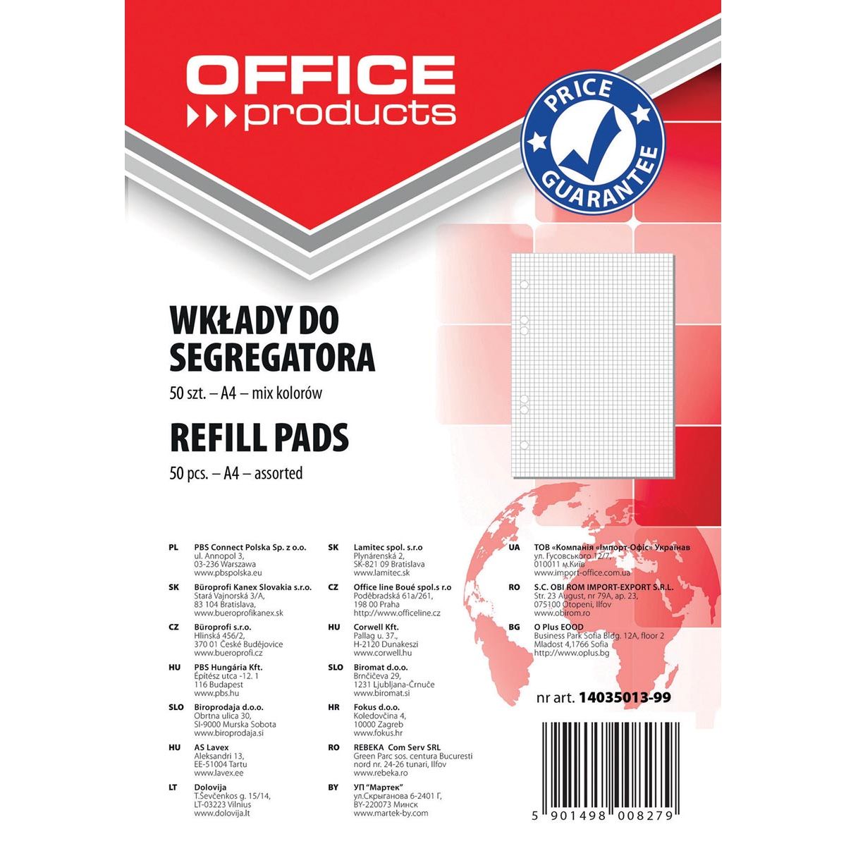 OFFICE products - ringbandinterieur, A4, 80 g, 6 gaten, 50 vellen, geruit, geassorteerde kleuren