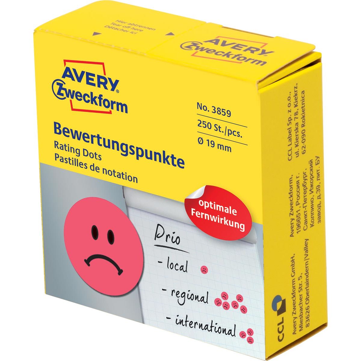Avery Zweckform - Bewertungspunkte, Durchmesser 19 mm, Rolle mit 250 Stück, Smiley, rot