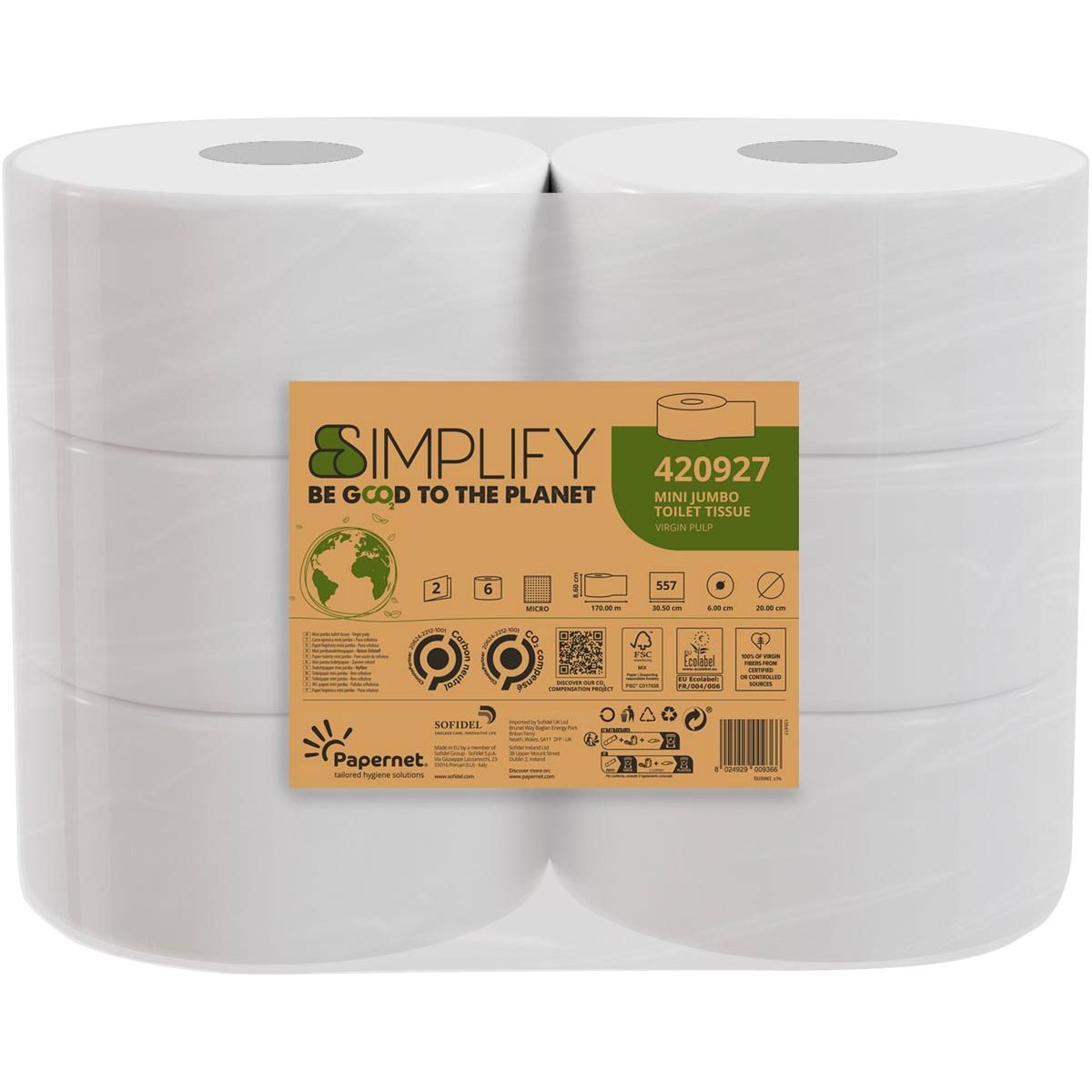 Papernet - Toilettenpapier Simplify Mini, 2-lagig, 557 Blatt, Packung mit 6 Rollen