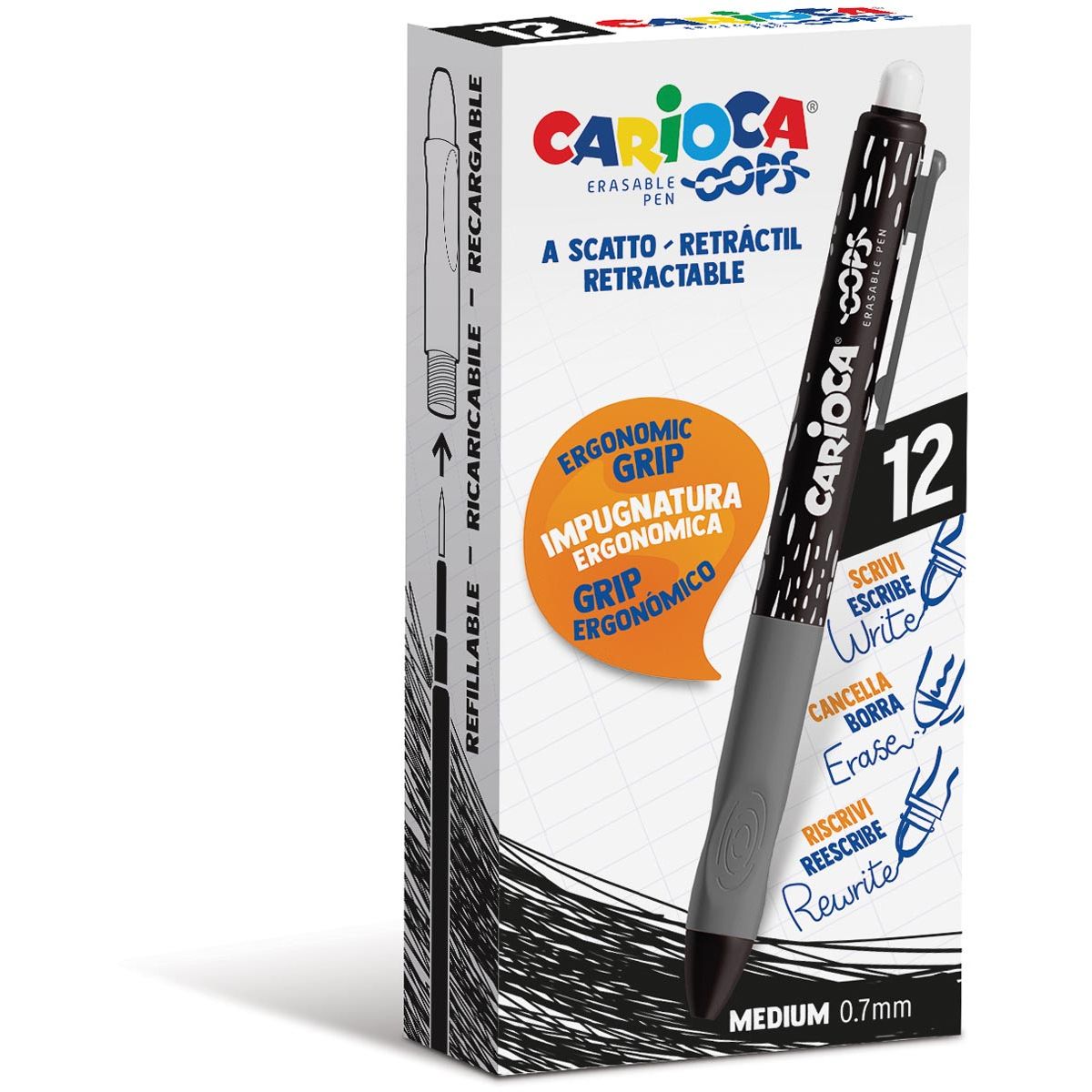 Carioca - Gelroller Oops, mittel, radierbar, Box à 12 Stück, schwarz