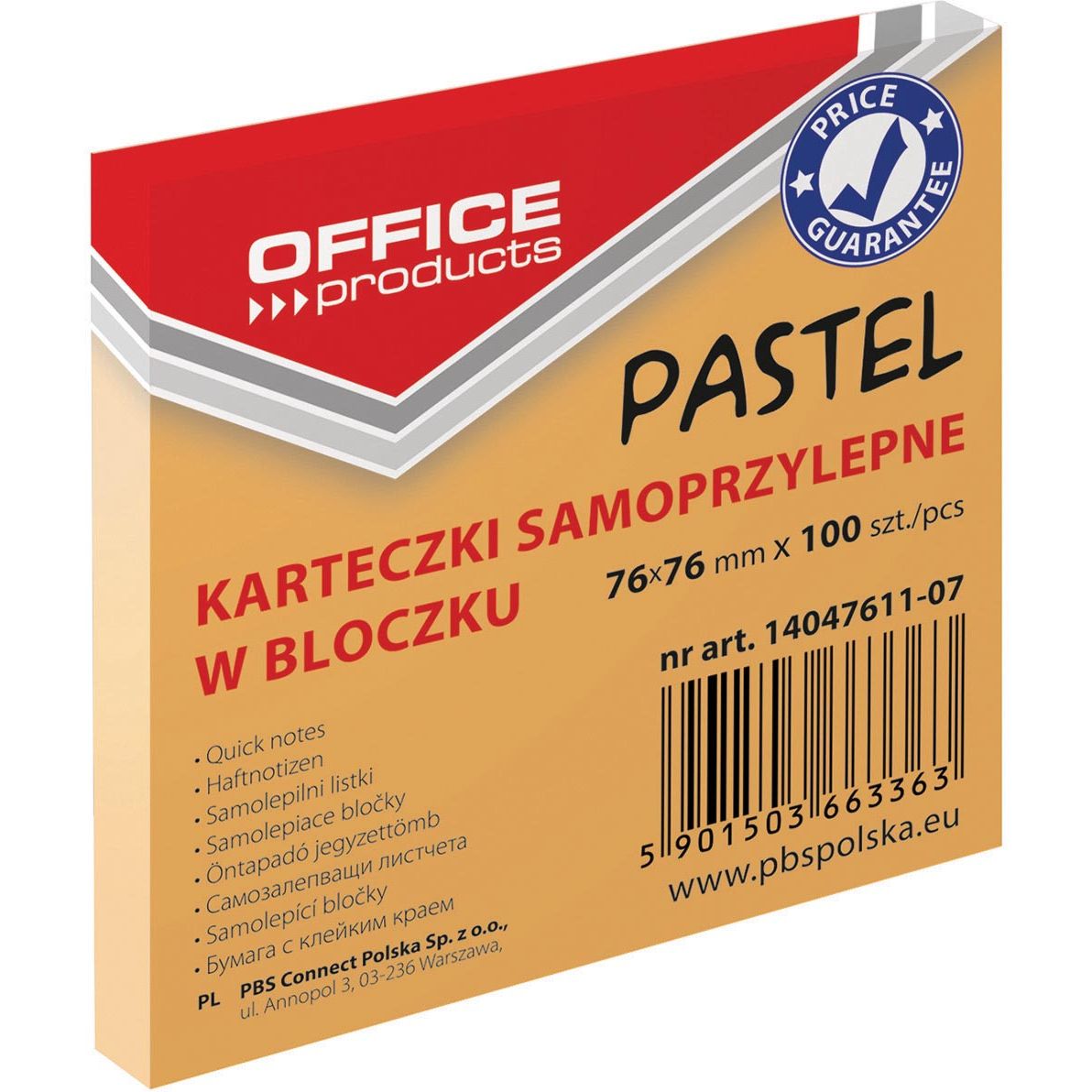 OFFICE products - memoblok tel, 76 x 76 mm, 100 vel, pasteloranje