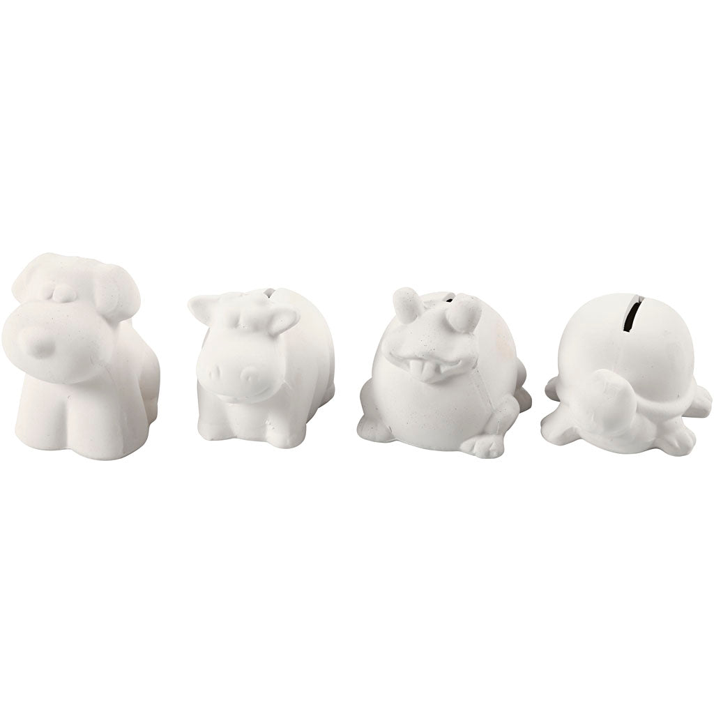 Creotime - Tierspardose Creativ Company Terrakotta 4 Stück Eule, Fuchs, Hase und Igel 9-10cm weiß