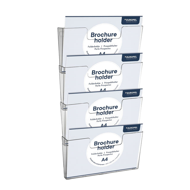 Europel - Prospekthalter Peel 4x A4 Wand quer anschließbar transparent