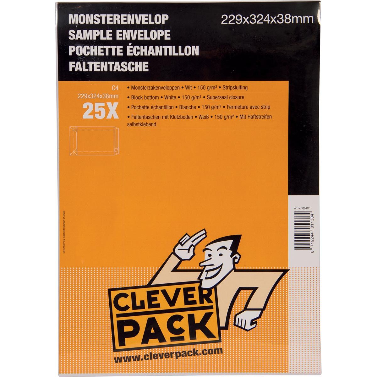 Cleverpack - Musterumschläge, ft 229 x 324 x 38 mm, mit Streifenverschluss, weiß, VE 25 Stück