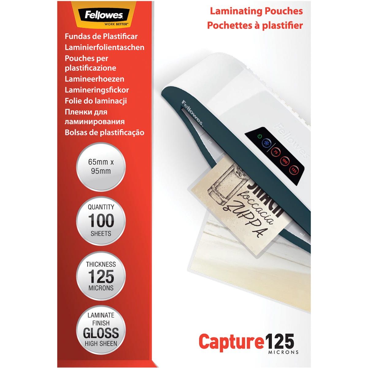 Fellowes - Laminierfolie Capture125 ft 65 x 95 mm, 250 Mikron (2 x 125 Mikron), 100er-Packung