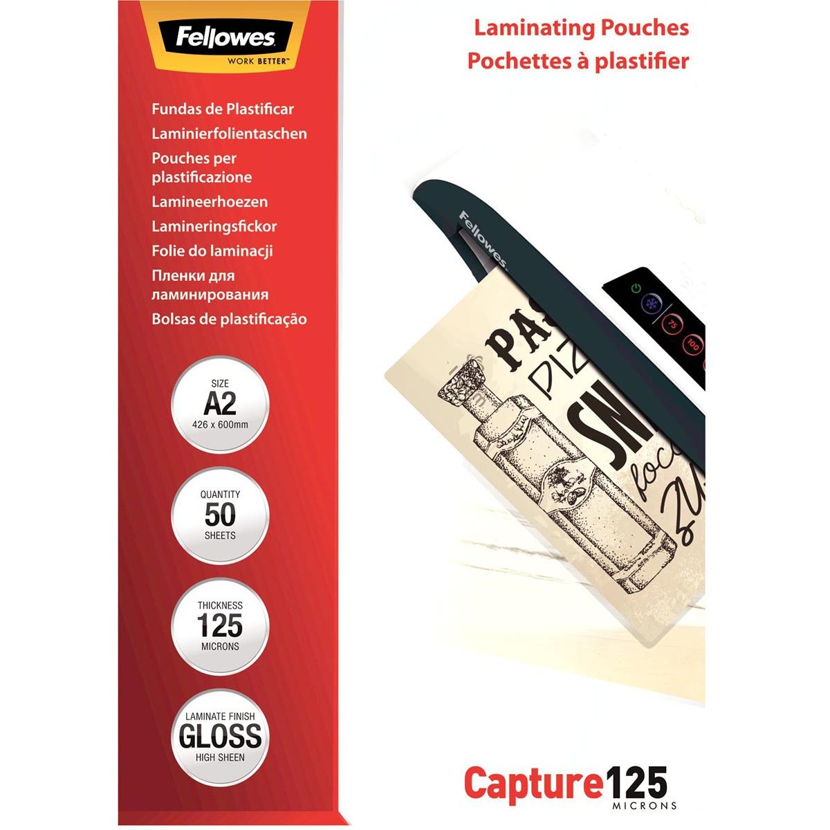 Fellowes - Laminierfolie Capture125 ft A2, 250 Mikron (2 x 125 Mikron), Packung mit 50 Stück
