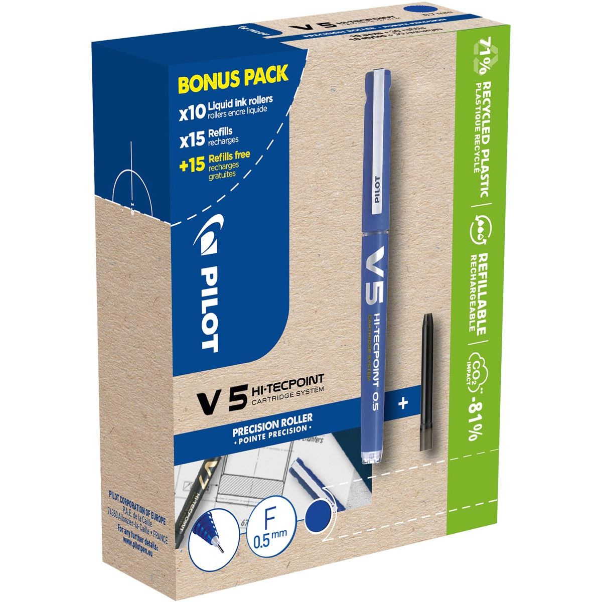 Pilot - Hi-Tecpoint V5, 10 Rollen + 30 Minen, fein, blau