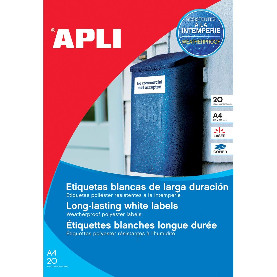 Apli – wetterfeste Etiketten ft 210 x 297 mm (B x H), 20 Stück, 1 pro Blatt, Karton mit 20 Blatt