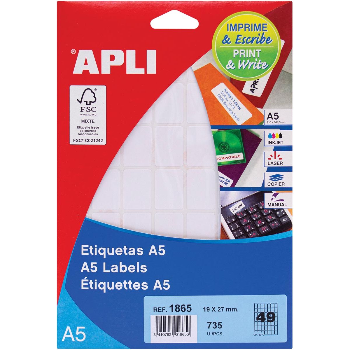 Apli – weiße Etiketten Print Write ft 19 x 27 mm (B x H), 735 Stück, 49 pro Blatt (1865)