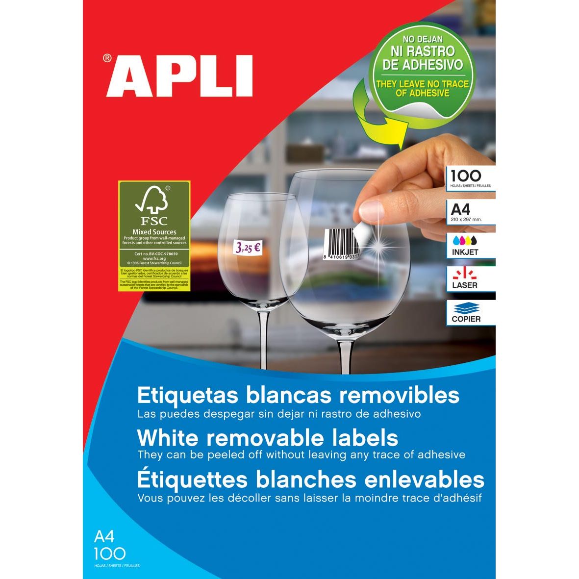 Apli – ablösbare weiße Etiketten, 64,6 x 33,8 mm (B x H), 2.400 Stück, 24 pro Blatt (3056)