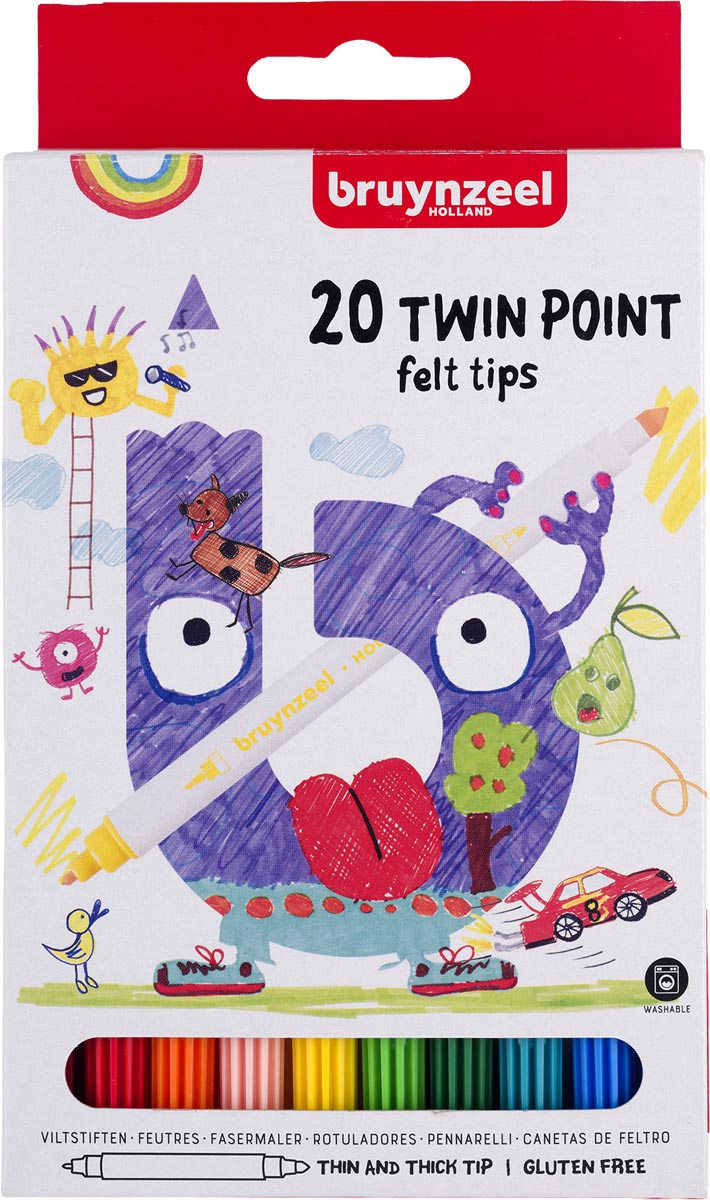 Bruynzeel Kids - Kids viltstiften Twin Point, set van 20 stuks in geassorteerde kleuren