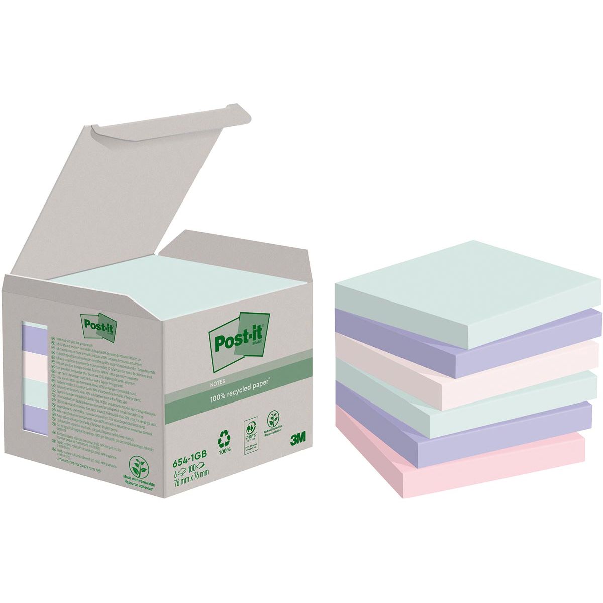 Post-it – Recycling-Notizen Nature, 100 Blatt, 76 x 76 mm, Packung mit 6 Blöcken, verschiedene Farben