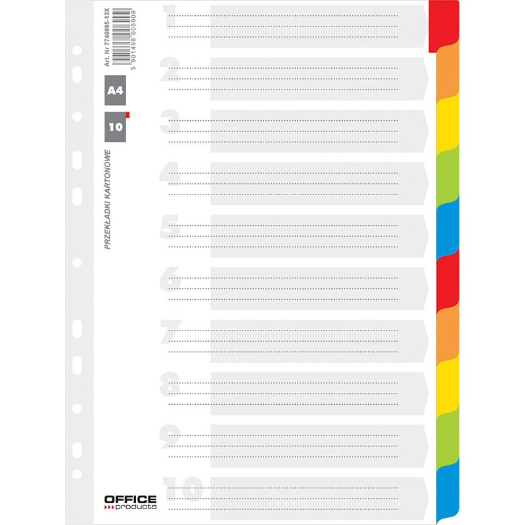 OFFICE products - tabbladen, A4, karton, 11-gaatsperforatie, geassorteerde kleuren, 10 tabs