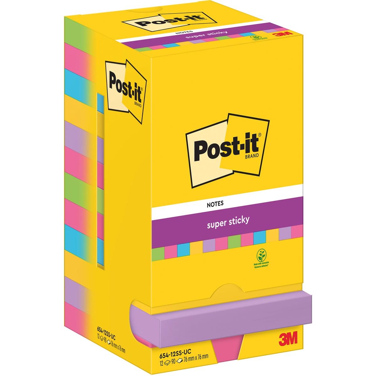 Post-it - Notizblock 654 Super Sticky 76x76mm 90 Blatt Regenbogen 12 Stück