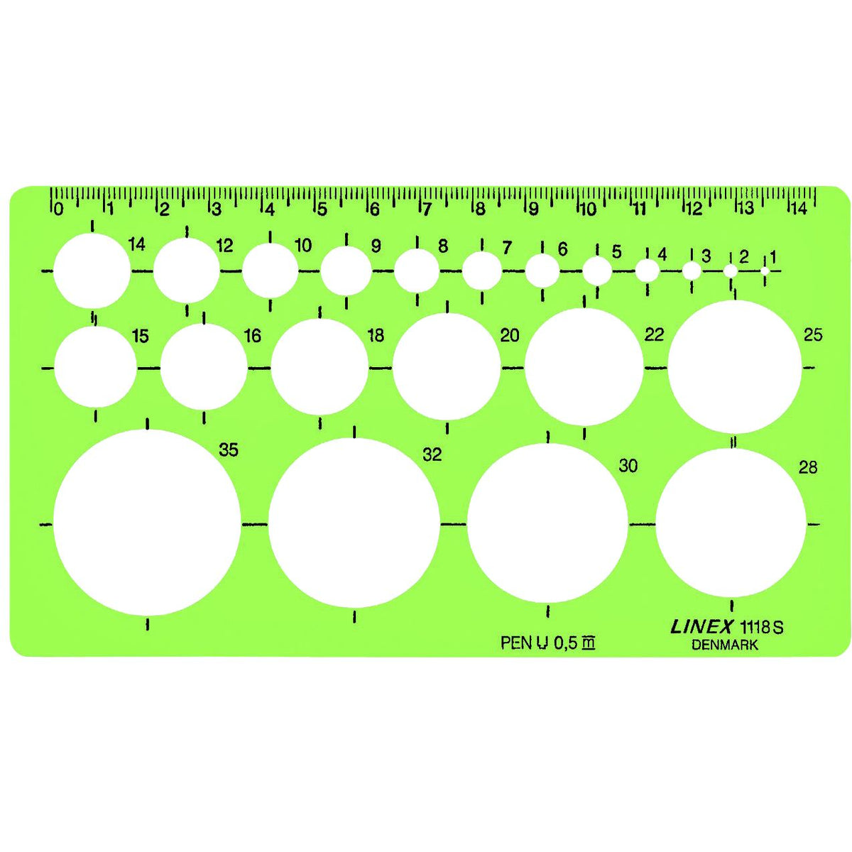 Linex - Kreisschablone 22 Kreise mit Tuschefüßen 1-35mm grün