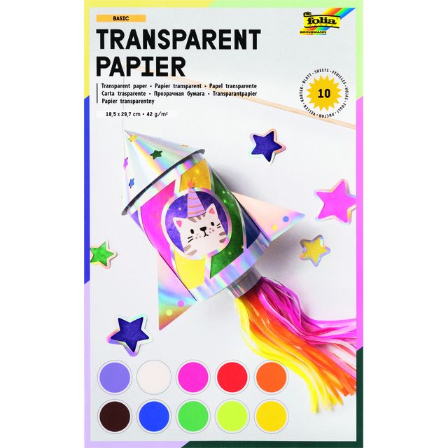 Folia Paper - Transparentes Papier Folia 18,5x29,7cm 42gr 10 Blatt 10 Farben | 10 Stück