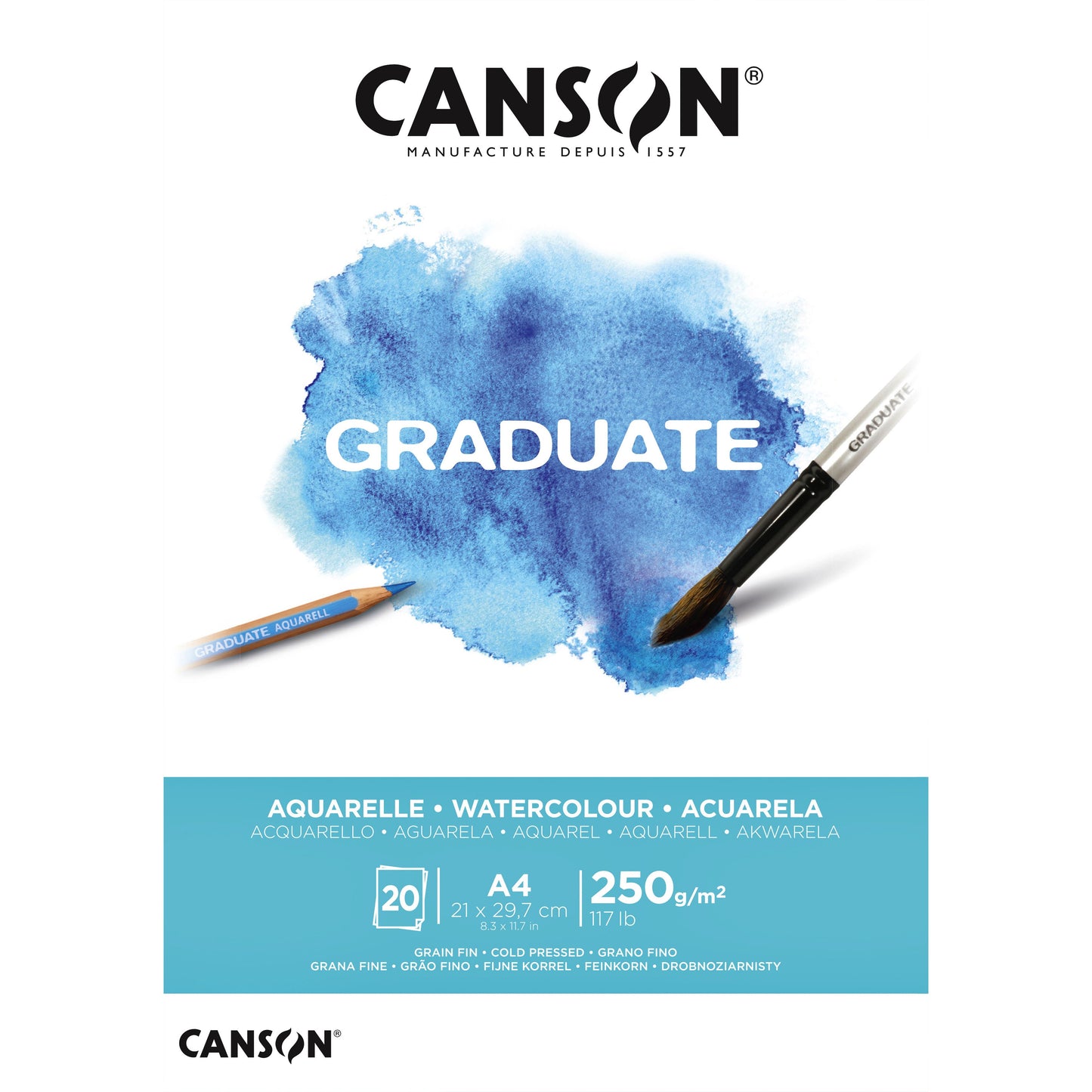 Canson - Aquarellpapier Graduate Watercolour 20 Blatt 250gr A4 naturweiß | 5 Stück