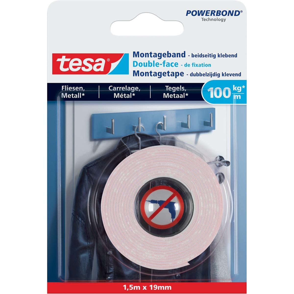 Tesa – Powerbond-Montagefliesen und Metall, 19 mm x 1,5 m