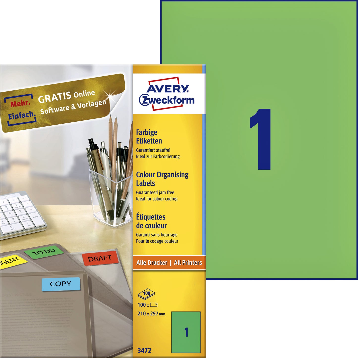 Avery Zweckform - Etiketten Zweckform 3472 210x297mm A4 grün 100 Stück