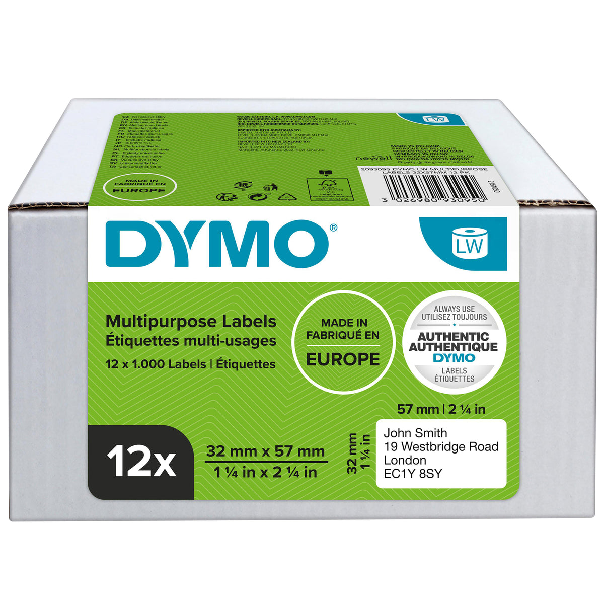 Dymo - Etiket LabelWriter multifunktional 32x57mm 12 Rollen à 1000 Stück weiß