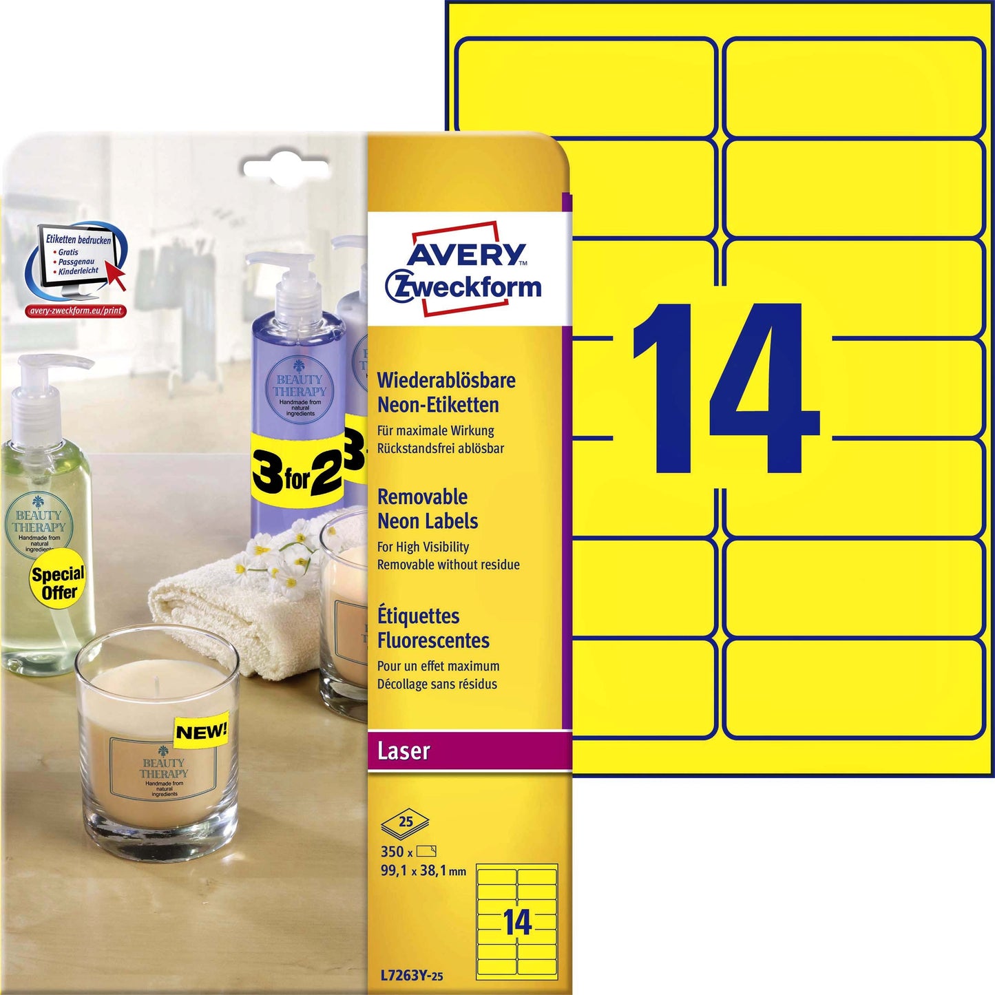 Avery - Etikett L7263Y-100 99,1 x 38,1 mm neongelb 1400 Etiketten