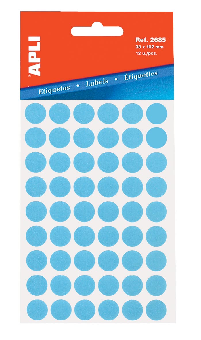 Apli - ronde etiketten in etui diameter 13 mm, blauw, 175 stuks, 35 per blad (2056)